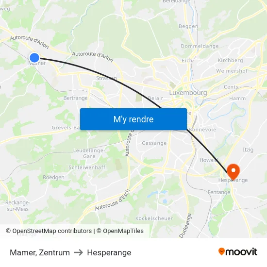 Mamer, Zentrum to Hesperange map