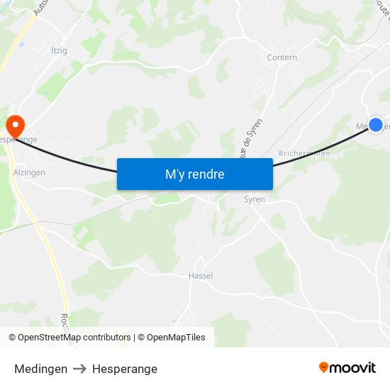 Medingen to Hesperange map