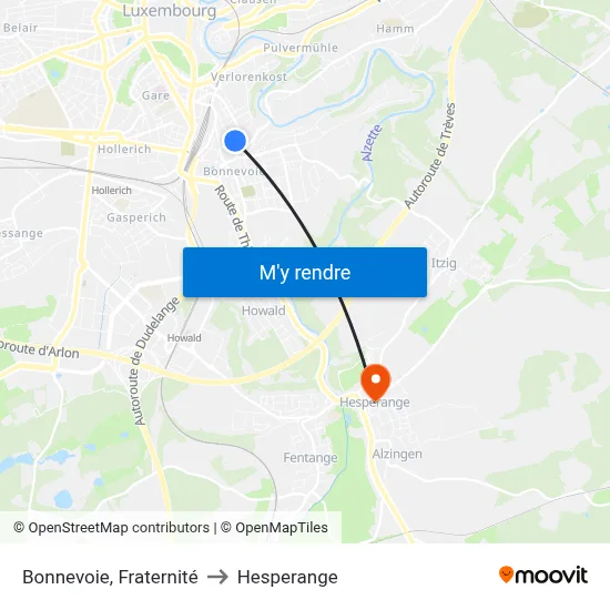 Bonnevoie, Fraternité to Hesperange map