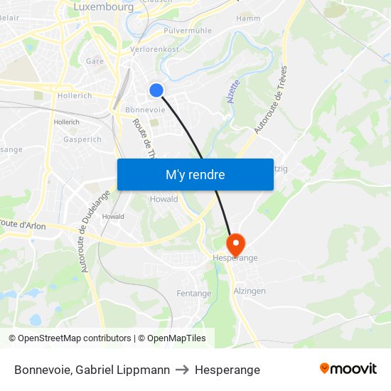 Bonnevoie, Gabriel Lippmann to Hesperange map