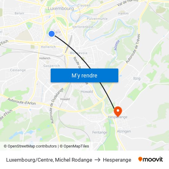 Luxembourg/Centre, Michel Rodange to Hesperange map