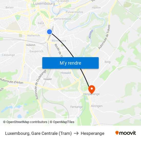 Luxembourg, Gare Centrale (Tram) to Hesperange map