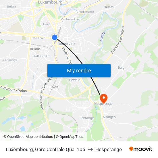 Luxembourg, Gare Centrale Quai 106 to Hesperange map