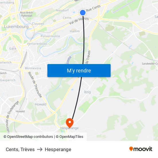 Cents, Trèves to Hesperange map