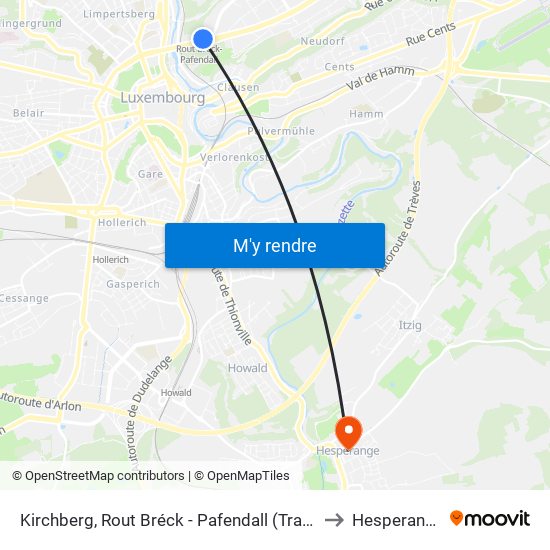 Kirchberg, Rout Bréck - Pafendall (Tram) to Hesperange map