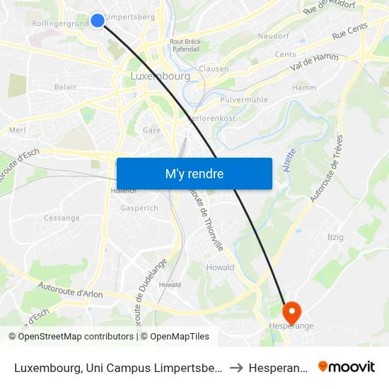 Luxembourg, Uni Campus Limpertsberg to Hesperange map