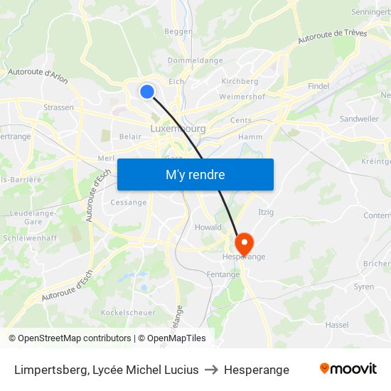 Limpertsberg, Lycée Michel Lucius to Hesperange map