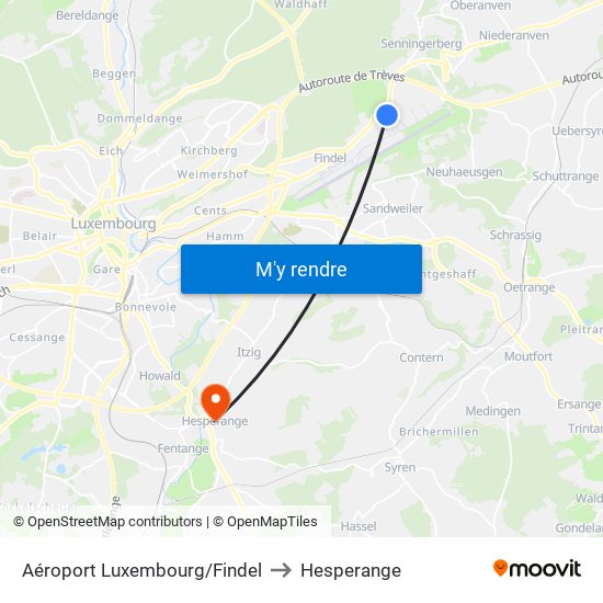 Aéroport Luxembourg/Findel to Hesperange map