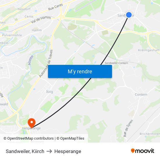 Sandweiler, Kiirch to Hesperange map