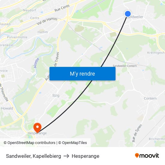 Sandweiler, Kapellebierg to Hesperange map