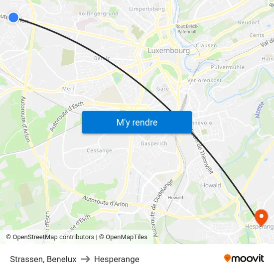 Strassen, Benelux to Hesperange map