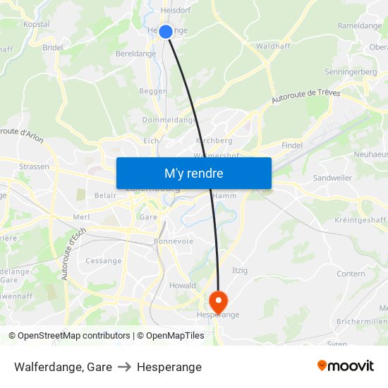 Walferdange, Gare to Hesperange map