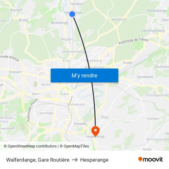 Walferdange, Gare Routière to Hesperange map