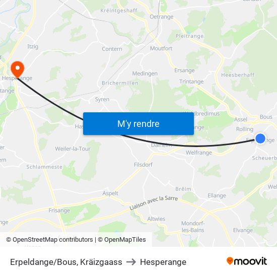 Erpeldange/Bous, Kräizgaass to Hesperange map