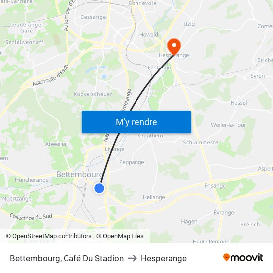 Bettembourg, Café Du Stadion to Hesperange map