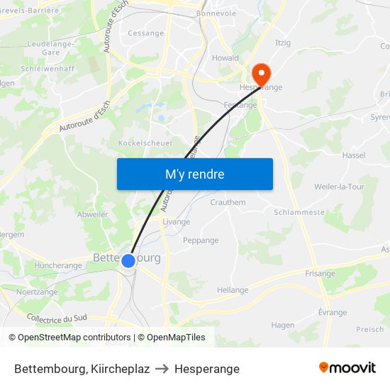 Bettembourg, Kiircheplaz to Hesperange map