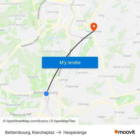 Bettembourg, Kiercheplaz to Hesperange map