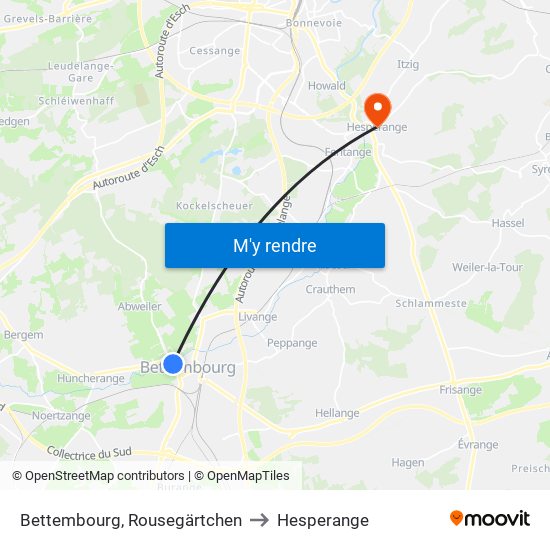 Bettembourg, Rousegärtchen to Hesperange map