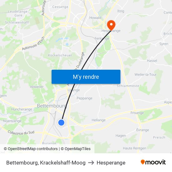 Bettembourg, Krackelshaff-Moog to Hesperange map