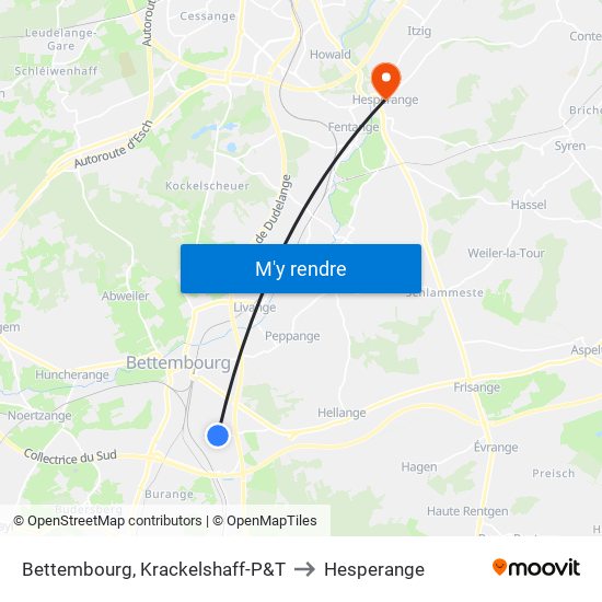 Bettembourg, Krackelshaff-P&T to Hesperange map