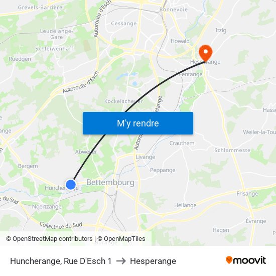 Huncherange, Rue D'Esch 1 to Hesperange map