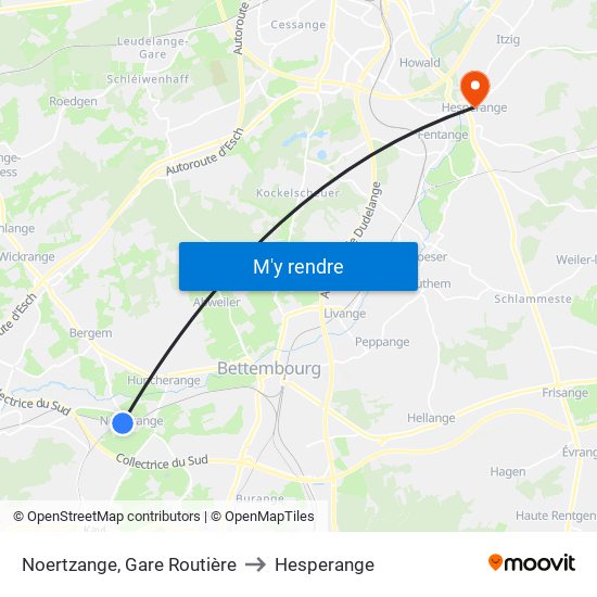 Noertzange, Gare Routière to Hesperange map