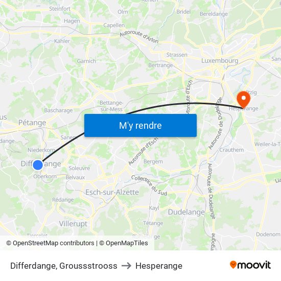 Differdange, Groussstrooss to Hesperange map