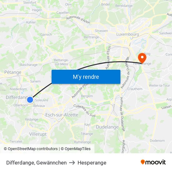 Differdange, Gewännchen to Hesperange map