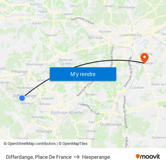 Differdange, Place De France to Hesperange map