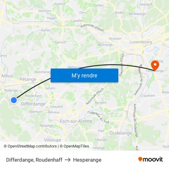Differdange, Roudenhaff to Hesperange map