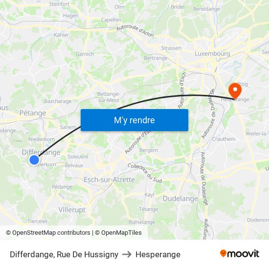 Differdange, Rue De Hussigny to Hesperange map