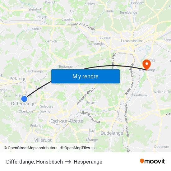 Differdange, Honsbësch to Hesperange map