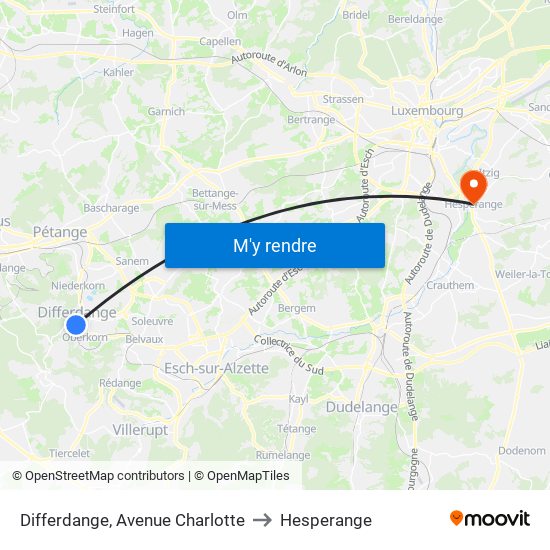 Differdange, Avenue Charlotte to Hesperange map