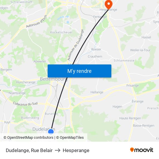 Dudelange, Rue Belair to Hesperange map