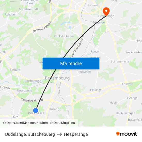 Dudelange, Butschebuerg to Hesperange map