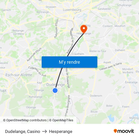 Dudelange, Casino to Hesperange map