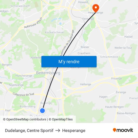 Dudelange, Centre Sportif to Hesperange map