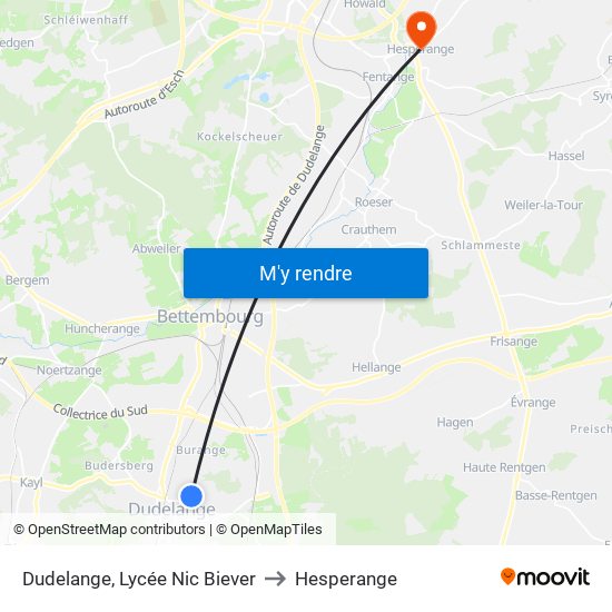 Dudelange, Lycée Nic Biever to Hesperange map