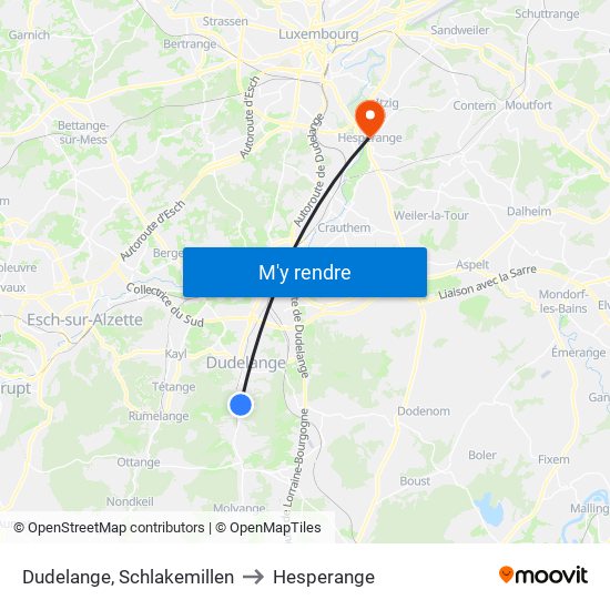 Dudelange, Schlakemillen to Hesperange map