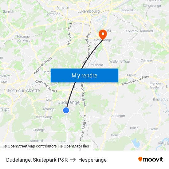 Dudelange, Skatepark P&R to Hesperange map