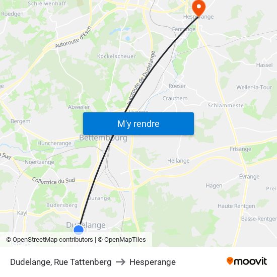 Dudelange, Rue Tattenberg to Hesperange map