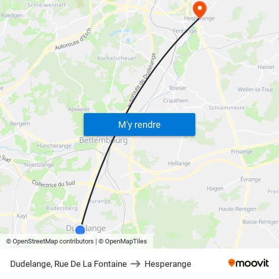 Dudelange, Rue De La Fontaine to Hesperange map