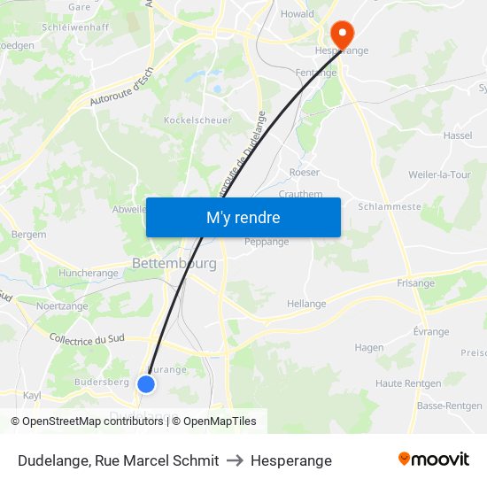 Dudelange, Rue Marcel Schmit to Hesperange map