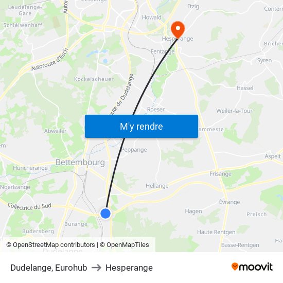 Dudelange, Eurohub to Hesperange map