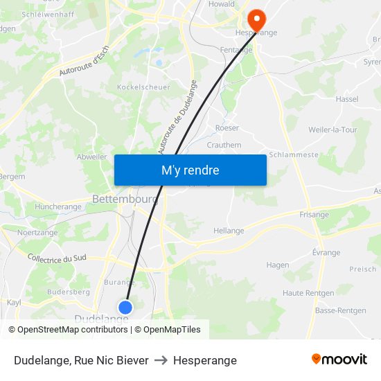 Dudelange, Rue Nic Biever to Hesperange map