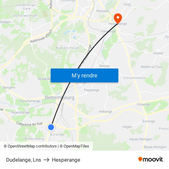 Dudelange, Lns to Hesperange map