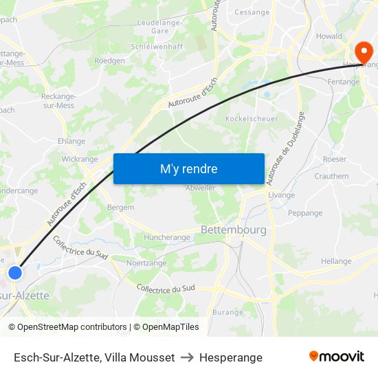 Esch-Sur-Alzette, Villa Mousset to Hesperange map