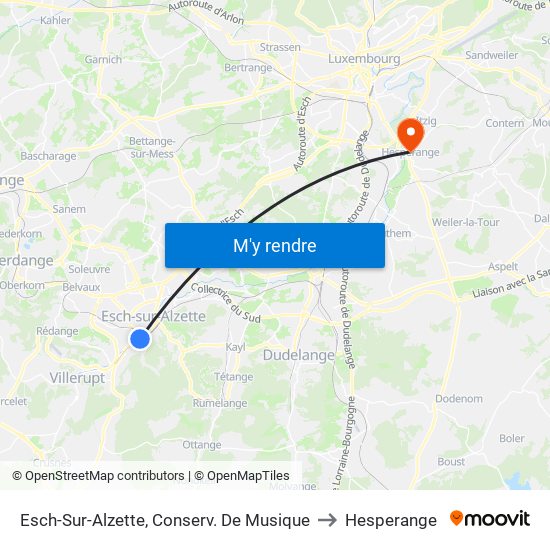 Esch-Sur-Alzette, Conserv. De Musique to Hesperange map