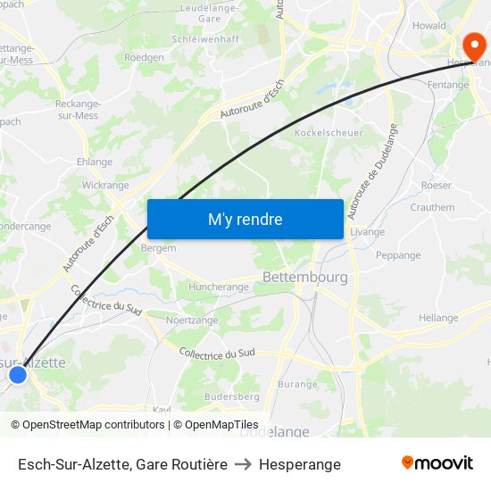 Esch-Sur-Alzette, Gare Routière to Hesperange map