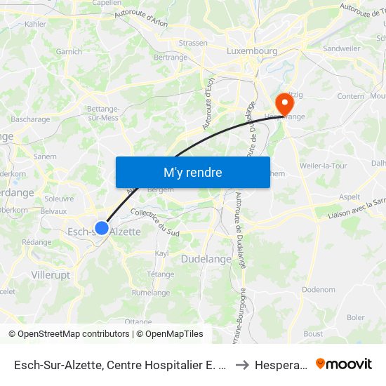 Esch-Sur-Alzette, Centre Hospitalier E. Mayrisch to Hesperange map